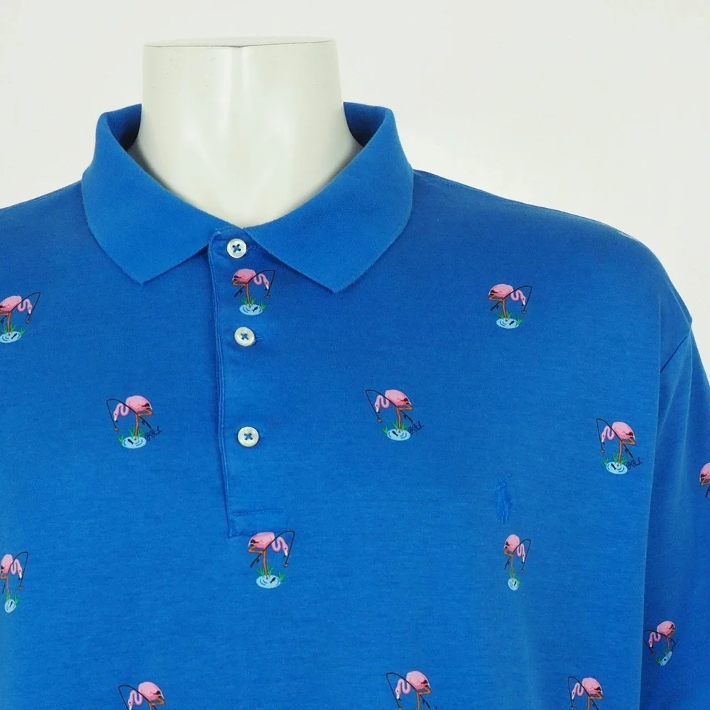 Polo Ralph Lauren Polo Shirt Mens 3XLT Blue Flamingo Birds All Over Print Cotton